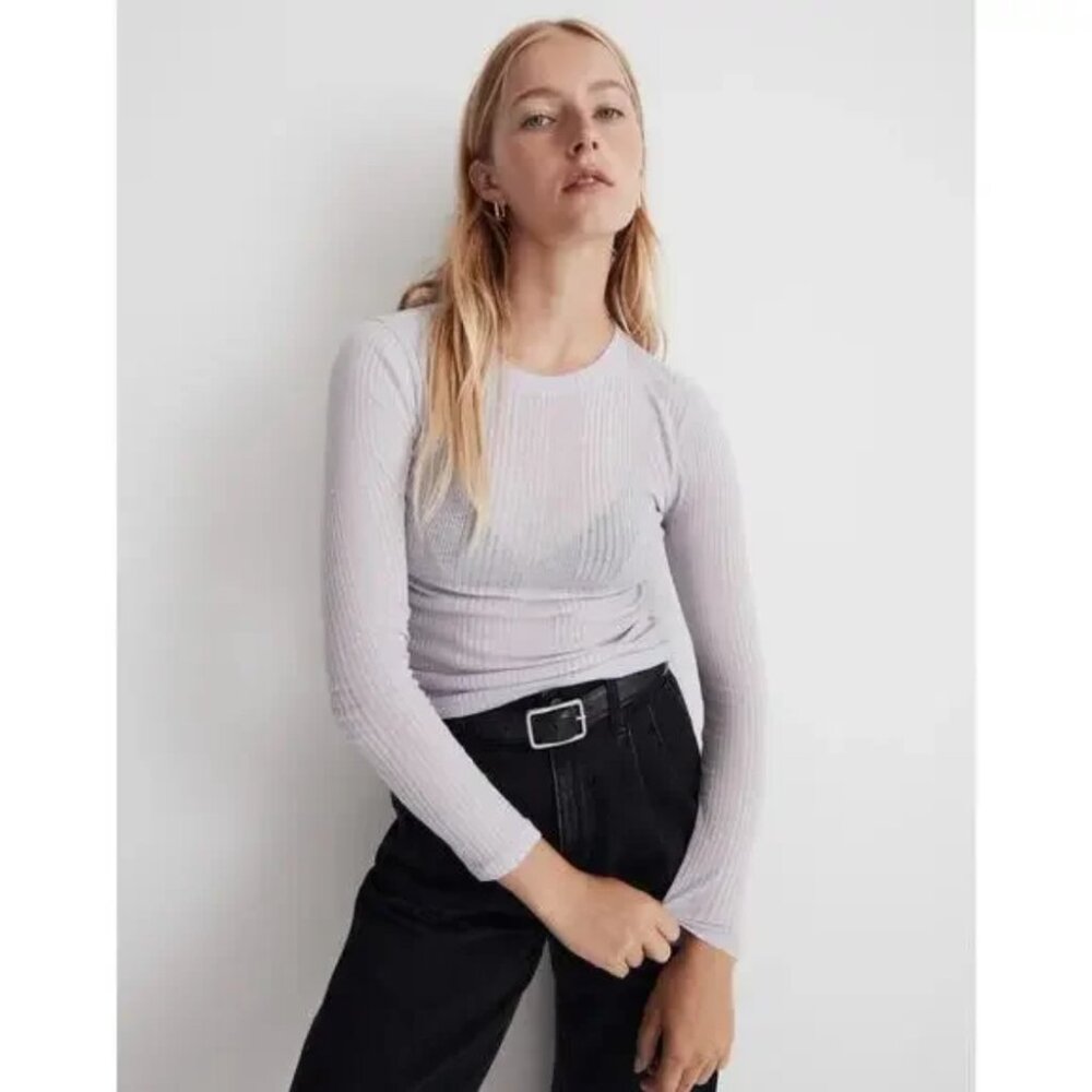 Madewell Dusty Lavender Variegated Ribbed Crewneck Long-Sleeve Tee Fitted Size L